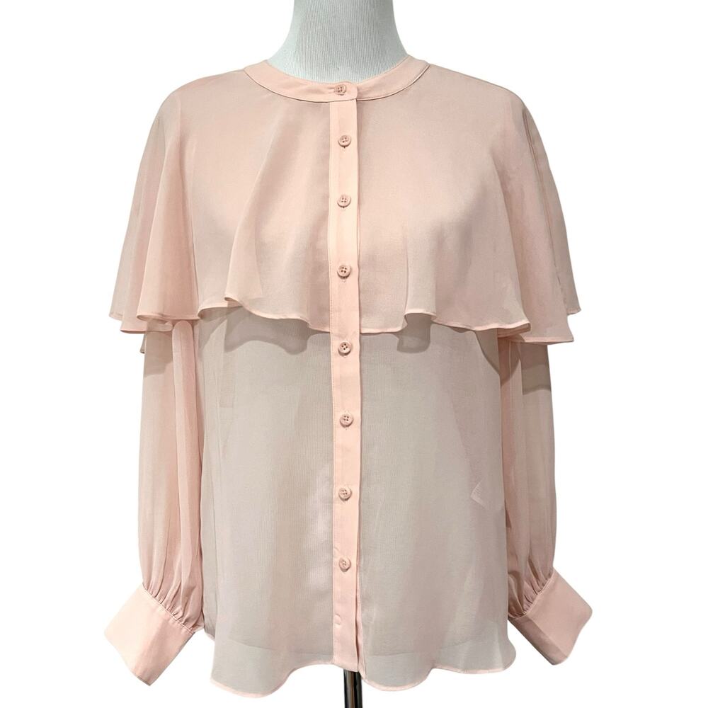 Chico's Sheer Cape Blouse Georgette Blush Pink Balloon Sleeve Button Up Sz S (0)